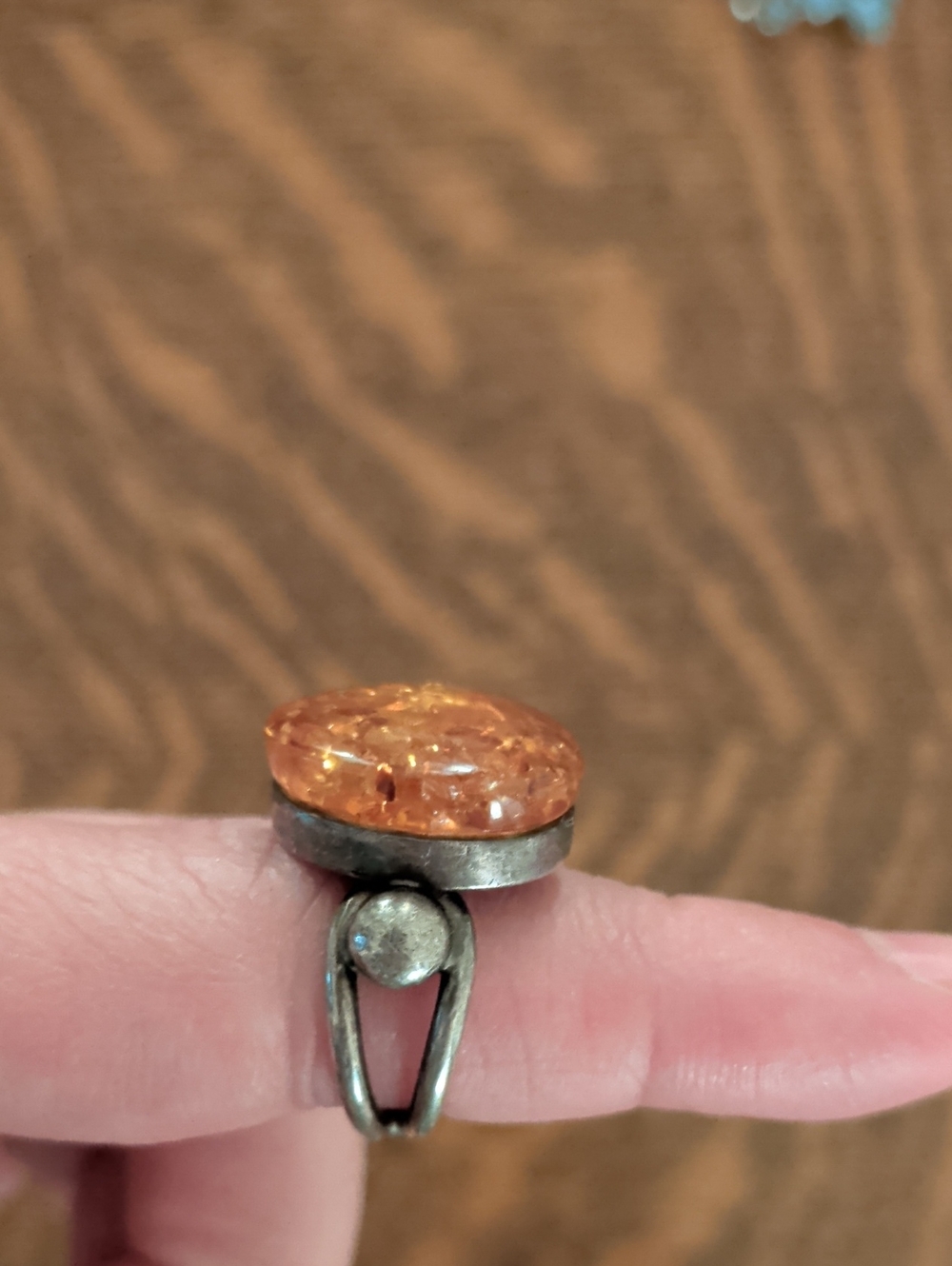 Amber Glass Cabochon Silver-Tone Ring - Orange